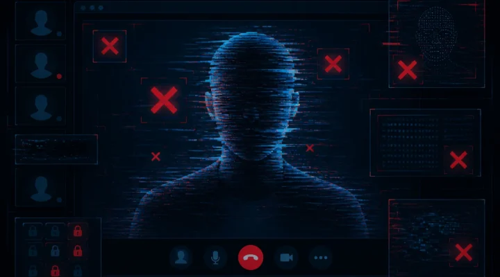 Silueta digital distorsionada en videoconferencia con códigos de verificación fallidos