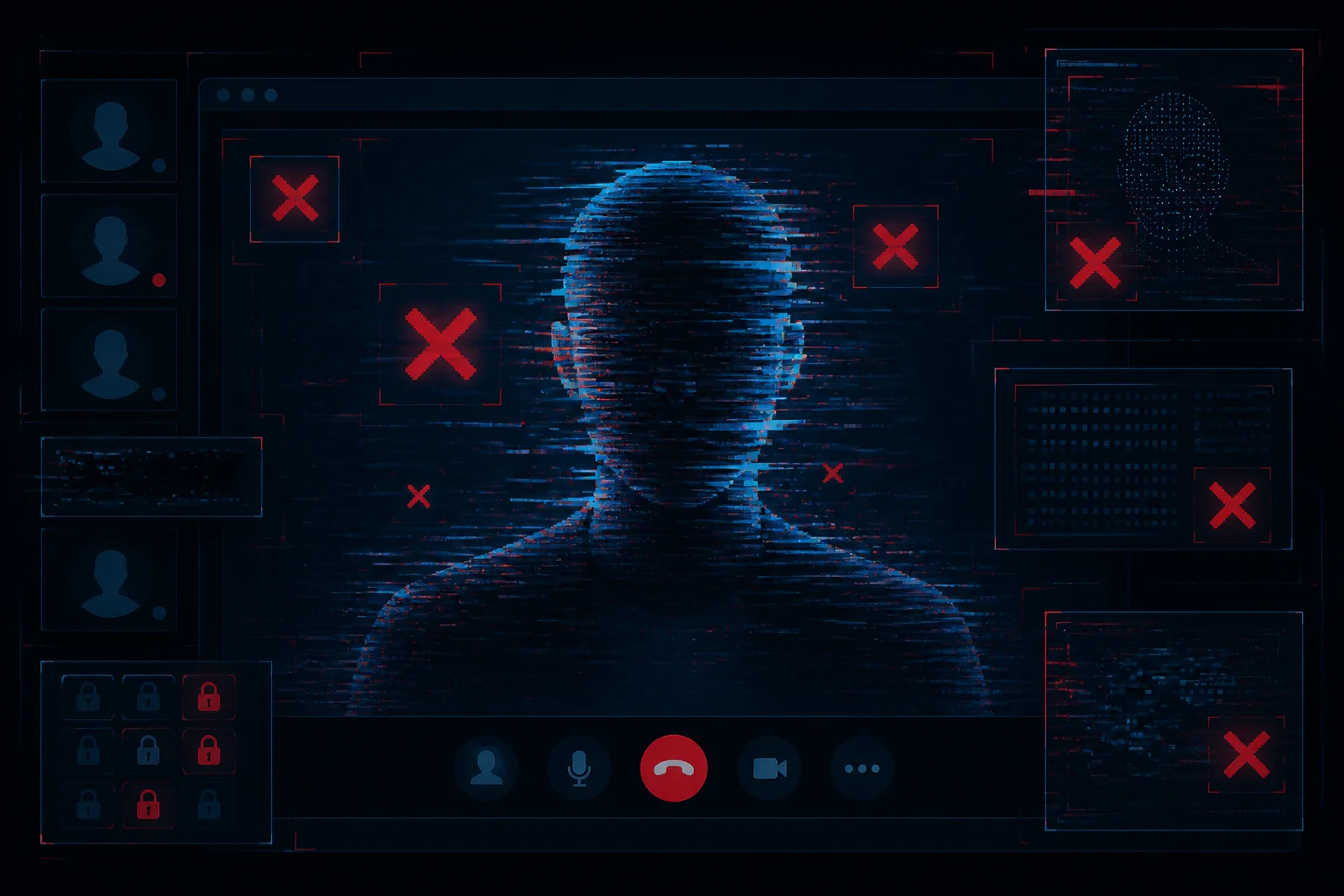 Silueta digital distorsionada en videoconferencia con códigos de verificación fallidos