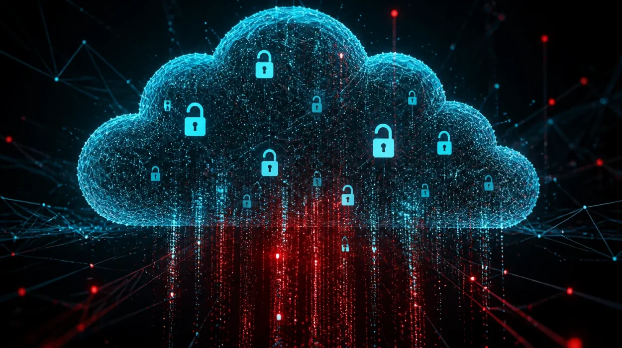 Nube digital con candados abiertos y flujos de datos filtrándose