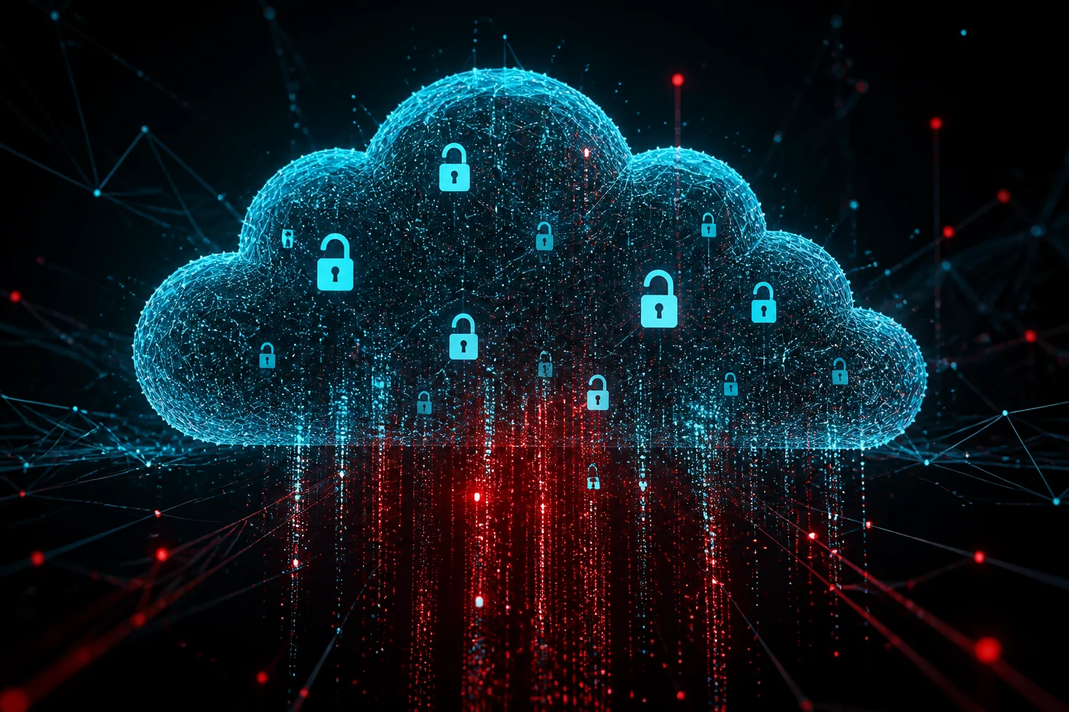 Nube digital con candados abiertos y flujos de datos filtrándose