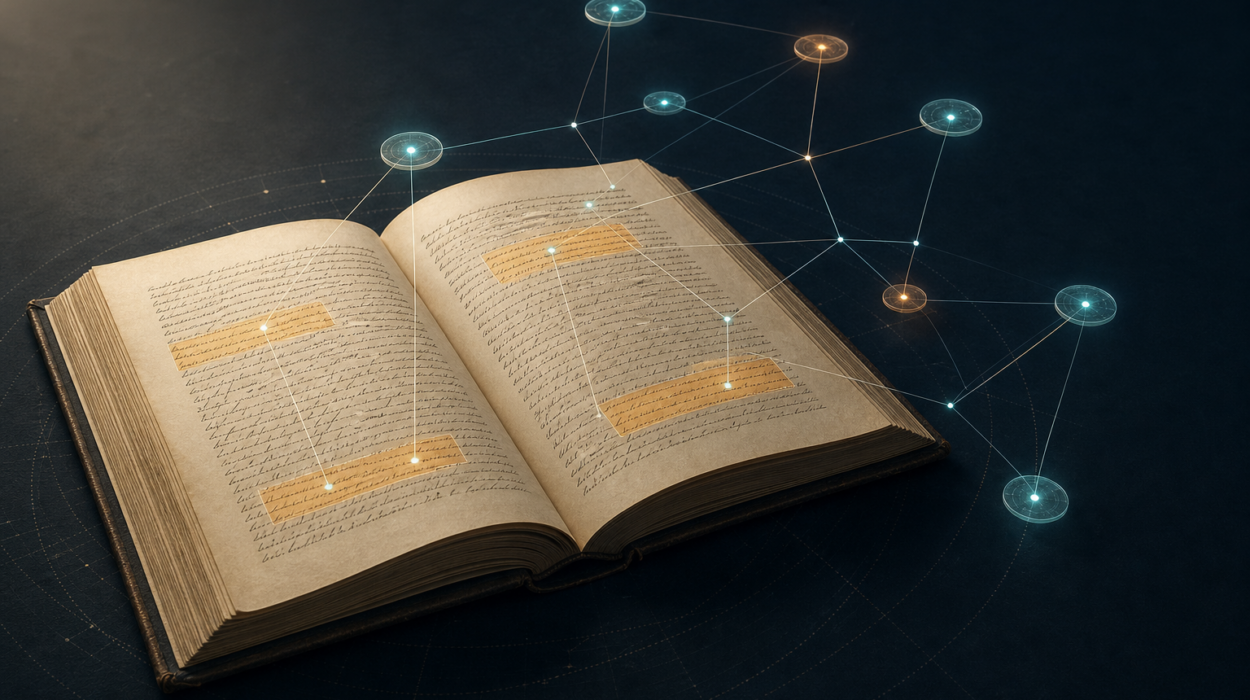Ilustración de un manuscrito científico conectado a una red de evidencia para representar la trazabilidad de Philologica