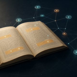 Ilustración de un manuscrito científico conectado a una red de evidencia para representar la trazabilidad de Philologica