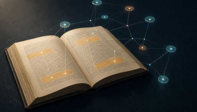 Ilustración de un manuscrito científico conectado a una red de evidencia para representar la trazabilidad de Philologica