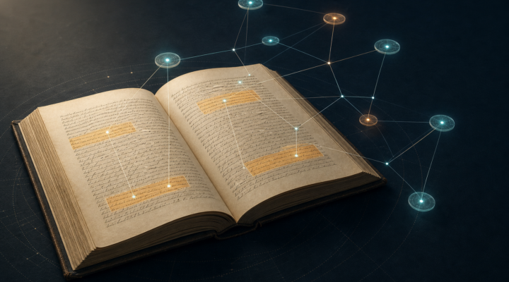 Ilustración de un manuscrito científico conectado a una red de evidencia para representar la trazabilidad de Philologica