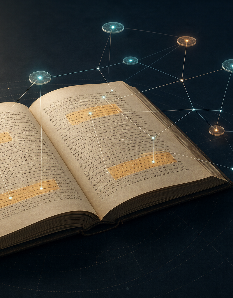 Ilustración de un manuscrito científico conectado a una red de evidencia para representar la trazabilidad de Philologica