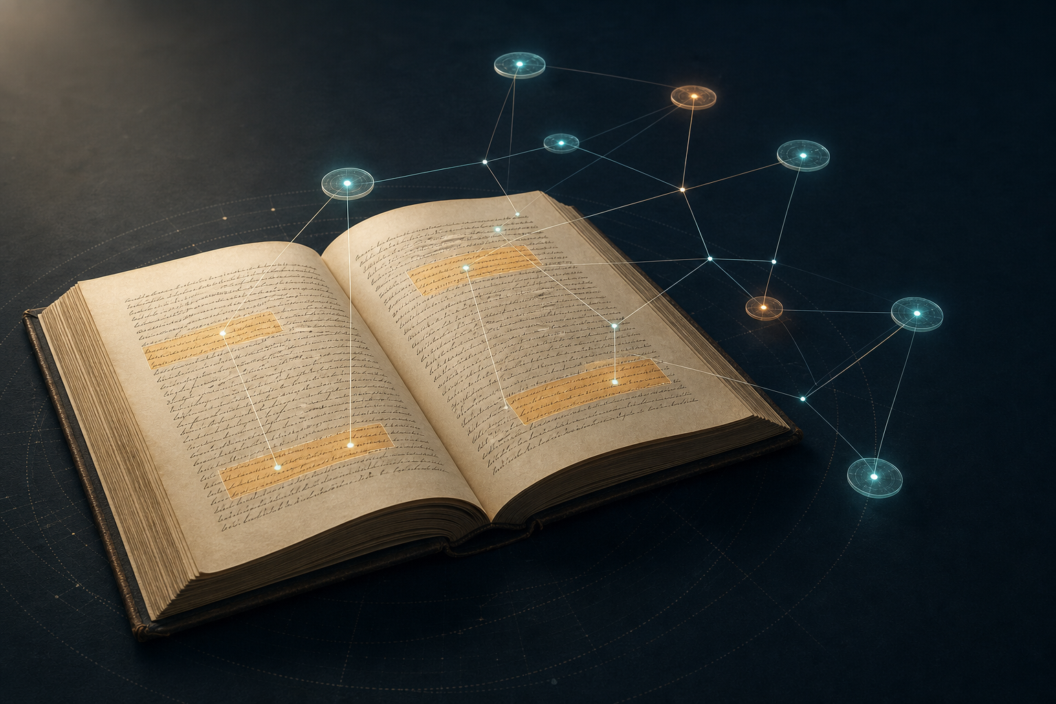Ilustración de un manuscrito científico conectado a una red de evidencia para representar la trazabilidad de Philologica